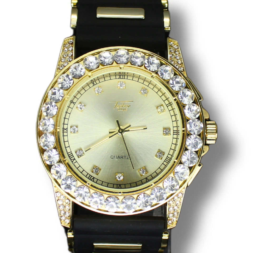 Reloj de hombre Big Face bisel helado 45 mm Hip Hop circonita cúbica chapada en oro banda de goma Foto 2 de 4