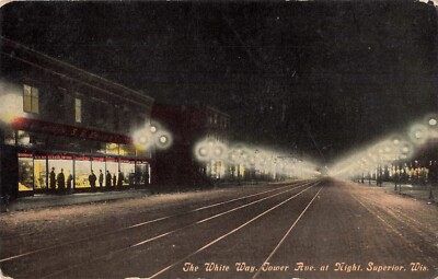 #ad White Way Tower Avenue at Night Superior Wisconsin WI Street Scene c1910 PC $4.72
