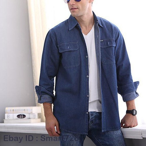 Men‘s Denim Jeans Shirt Casual Autumn Long Sleeve Denim Cotton Shirt TopFashion - Picture 16 of 19