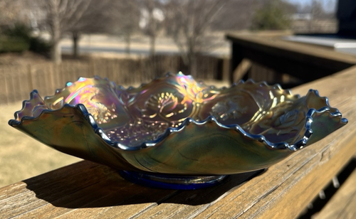 Fenton Dragon & Lotus Blue Carnival Glass 9" Saw-Tooth Ruffled Rim Bowl Antique - Picture 9 of 11