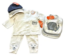 Infants Wonder Nation Cream Button Up Bear Outfit 3-6 Mon Hats And Bibs 8 Pieces