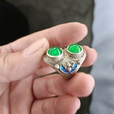 Exquisite Old Chinese tibet silver Enamel inlay green jade handmade Ring 8036