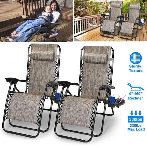 Set of 2 Zero Gravity Chairs Folding Lounger Beach Outdoor Patio Recliner Chair - Picture 13 of 15