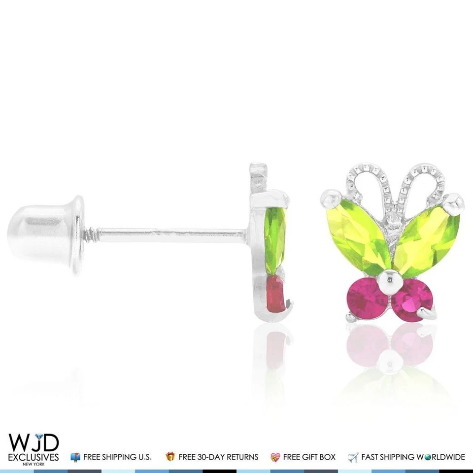 14K White Gold Peridot & Ruby Butterfly Baby Screw Back Stud Kids Earrings - Image 2 of 4