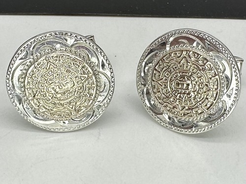 Vintage Plafina Mexico Sterling Silver 10k Yellow Gold Mayan Calendar Cufflinks - Picture 8 of 11