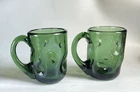 Vintage Blenko Hand-Blown Dimpled Emerald Green Glass Mug Cup Set of 2
