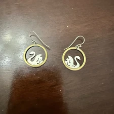 Vintage Sterling Silver And Brass Swan Earrings Engraved