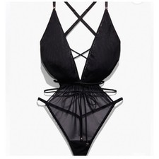 Savage X Fenty Black Sheer Mesh Gathering Cut Out Bodysuit Halter Tie Waist