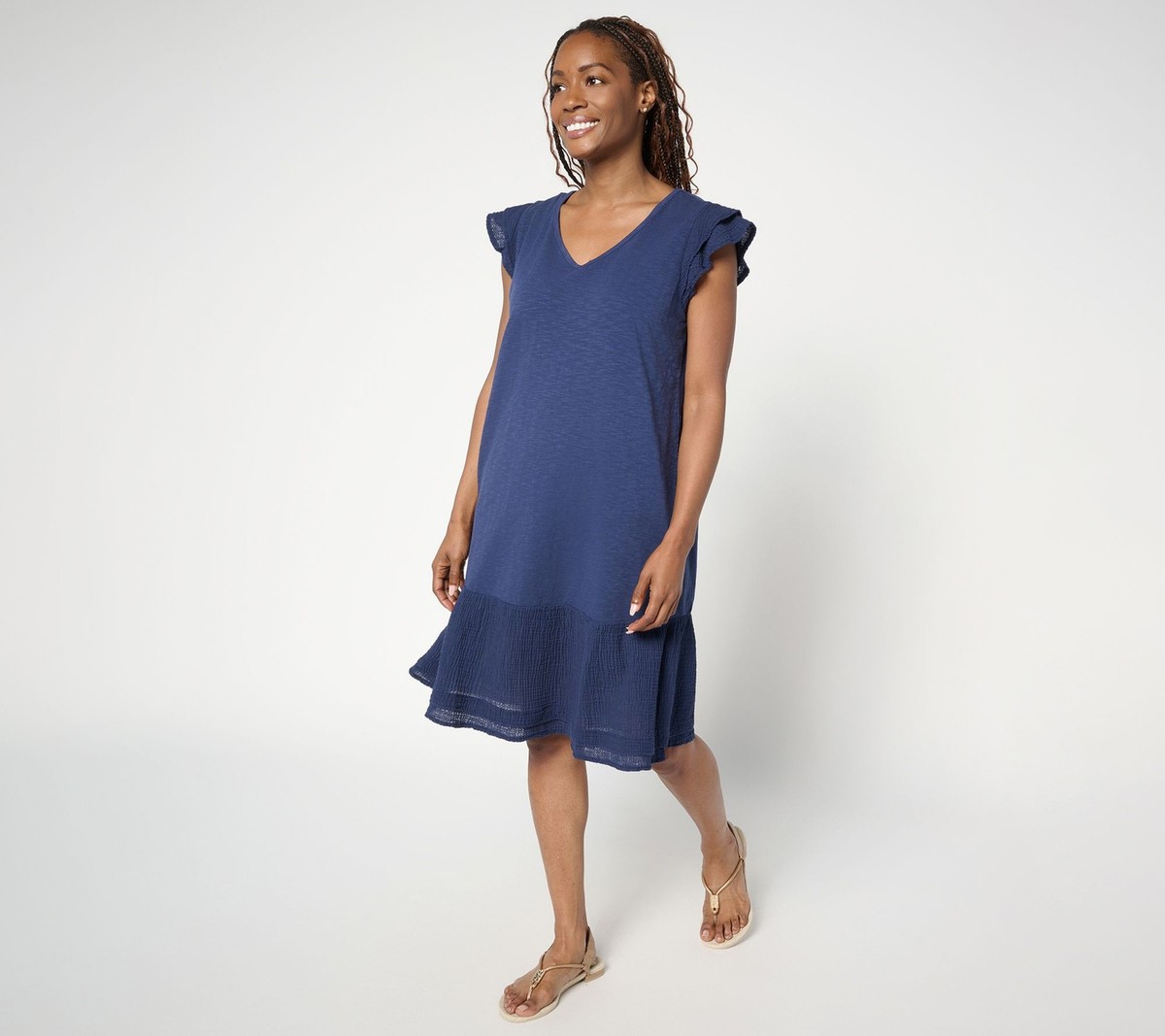 Anybody Petite Slub Jersey and Gauze Mixed Dress Navy XS New Anybody Petite Slub Jersey and Gauze Mixed Dress Navy XS New