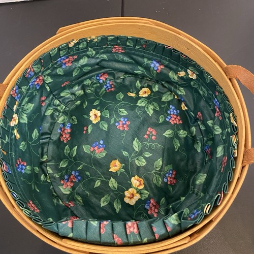 Longaberger Round 10" Darning Basket w/ 2 Leather Handles Fabric Liner & Plastic - Picture 5 of 12