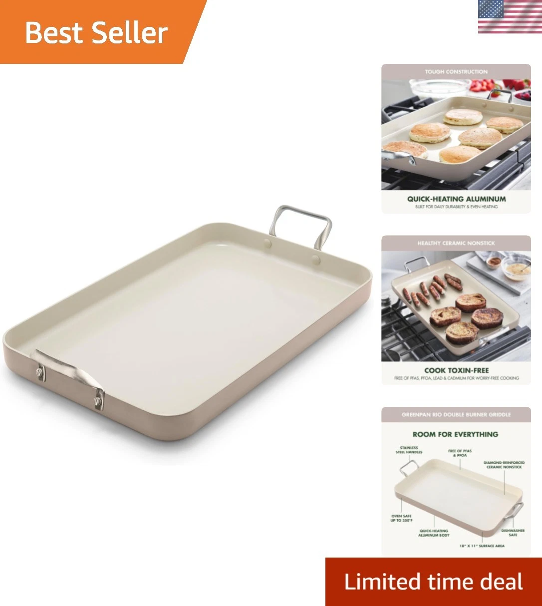 18" x 11" Double Burner Griddle Pan, Hard Anodized Healthy Ceramic Nonstick P...