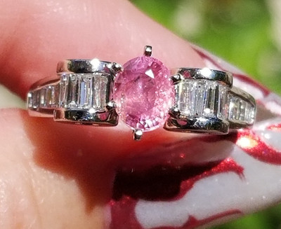 Natural Neon Pink Sapphire Baguette Diamond Heavy Platinum ring