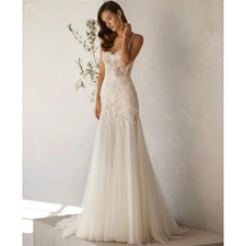 Ivory Mermaid Wedding Dress Beaded Spaghetti Strap Lace Appliques Bridal Gown