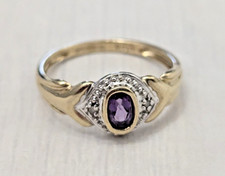 9ct Yellow Gold Ring Amethyst and Diamond Stones Ring Size L 1/2  Hallmarked