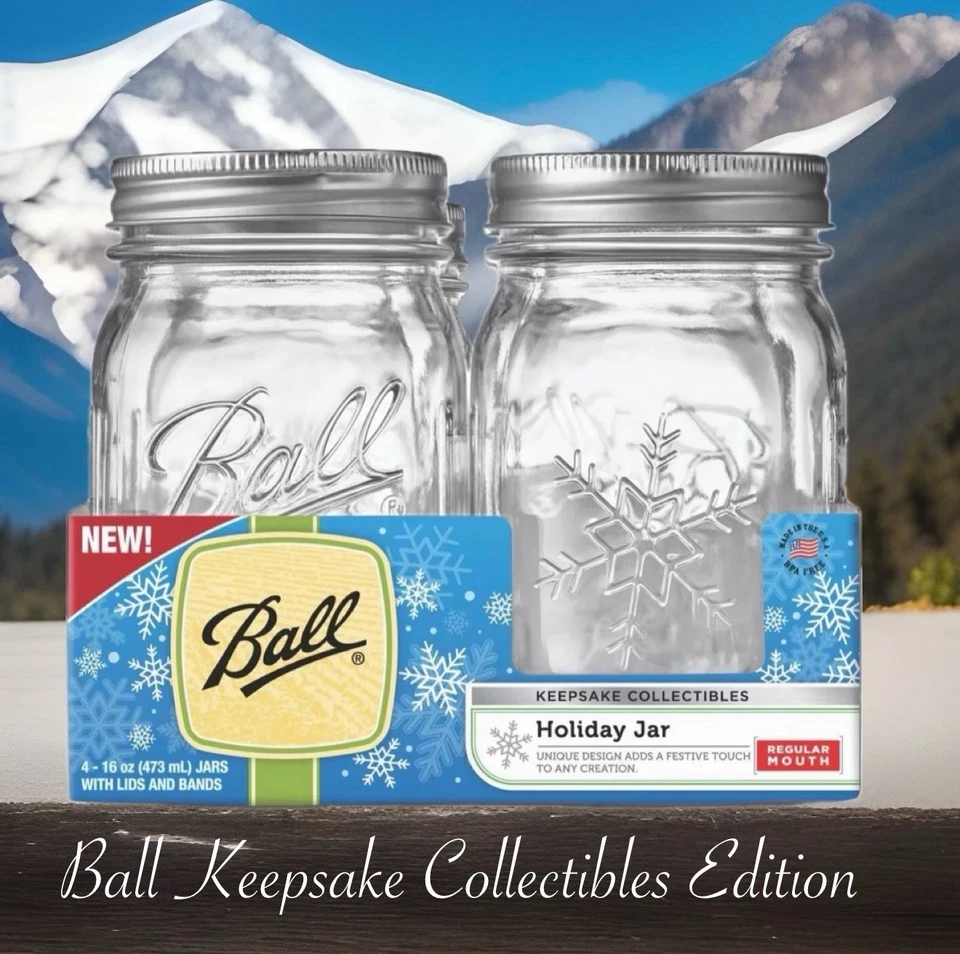 Frascos de floco de neve bola 8 peças tampas faixas 16 oz pinta boca regular feriado COLECIONÁVEIS - Imagem 4 de 4