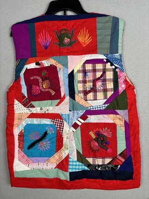 Panda Patchwork Vest Womens Medium Multicolor Quilted Toggle Embroidered Animals