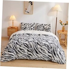 Luxury Zebra Print Faux Fur Duvet Cover Fluffy Bedding King Zebra Print Black
