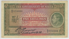 Malta P.12 5 Shillings 13/9/1939 (VF)