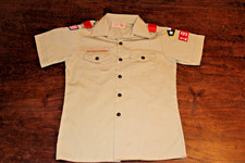 Boy Scouts of America BSA Youth Shirt Tan Large Sewn Patches Short Sleeve