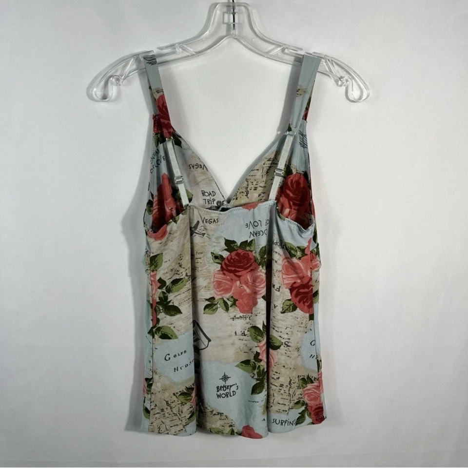 Camiseta sin mangas Betsey Johnson Y2K rosa diseño mapa floral detalle lazo cami babydoll M Foto 3 de 4