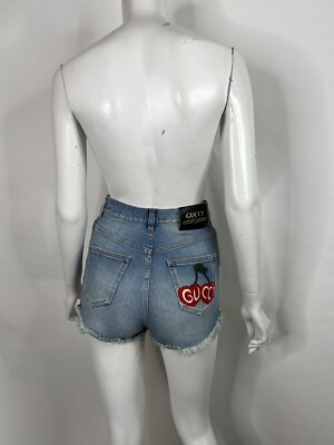 Vtg GUCCI BLUE DENIM LOGO CHERRY PATCH CUTOFF SHORTS SZ 25