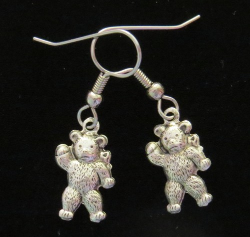 Teddy Bear Earrings Waving Bears 24 Karat Gold Plate or Oxidized Matte Silver - Picture 5 of 5