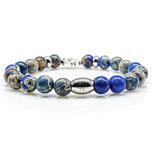 Jaspis Armband Bracelet Perlenarmband Hand der Fatima Silber blau 8mm Edelstahl - Bild 2 von 2