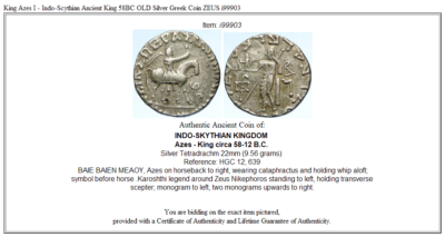 King Azes I - Indo-Scythian Ancient King 58BC OLD Silver Greek