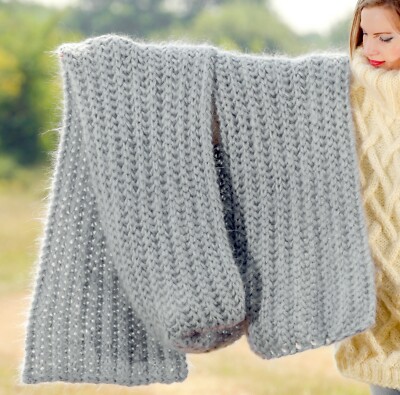 Thick grey fuzzy mohair scarf extra long shawl handknit neck