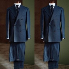Dark Blue Men's Suits Double Breasted Peak Lapel Tuxedos Formal Prom Blazer 2Pcs