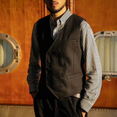 Men Double-breasted Gilet Herringbone Tweed Vest Wool Blend Waistcoat Jacket Top