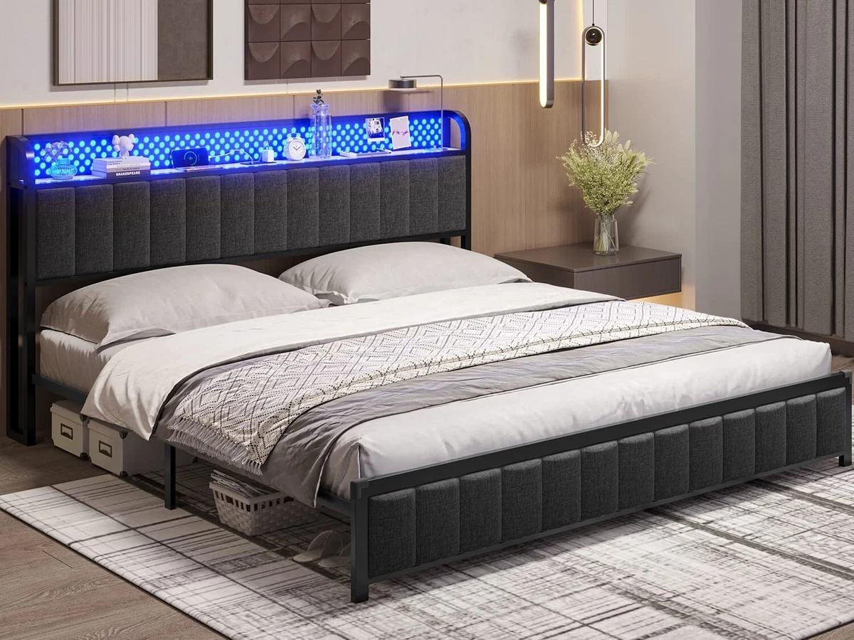 King Size Platform Bed Frame with Storage and LED Lights Headboard