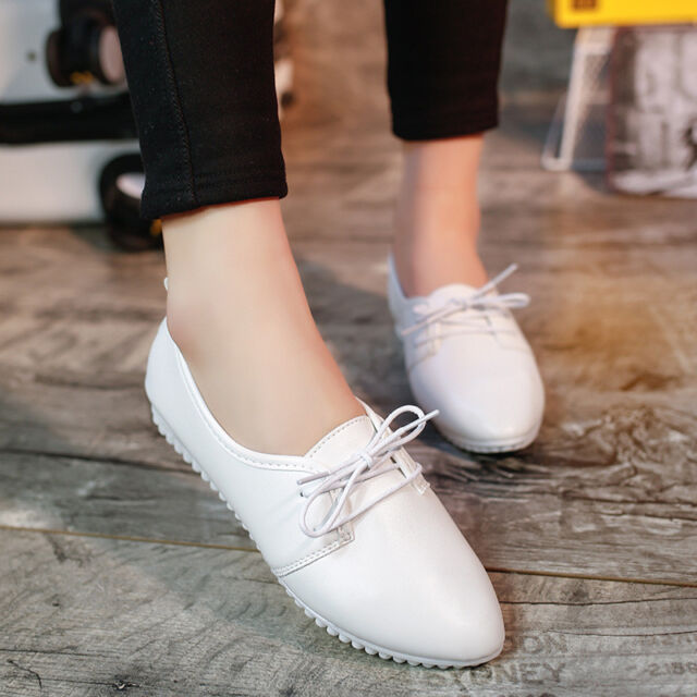 Womens Ladies Pointy Toe Preppy Moccasins Casual Flats Lace UP Shoes Oxfords