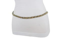 Women Hip High Waist Narrow Band Belt Silver Metal Chain Gold Mesh Beads XS S M