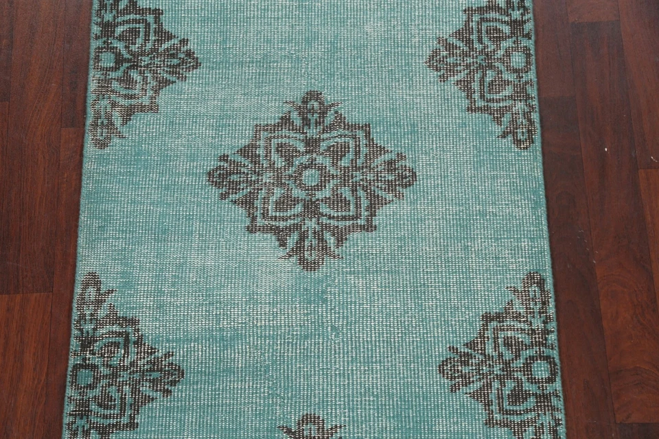 Abstract Transitional Oushak Oriental Area Rug Handmade Teal Green Carpet 4x6 ft - Image 3 of 4