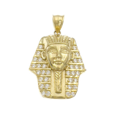 Pharaoh Egyptian King Tut Pendant Mens Charm 10k Yellow Gold CZ 1.6 inch