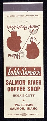 SALMON River Coffee Shop Irman Gott Salmon ID Vtg Front Matchbook Cover B-2127