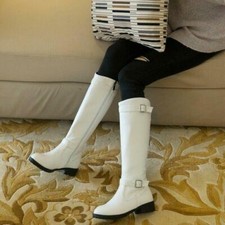 Women's Faux Leather Knee High Boots Riding Shoes Buckle Round Toe Block Heel