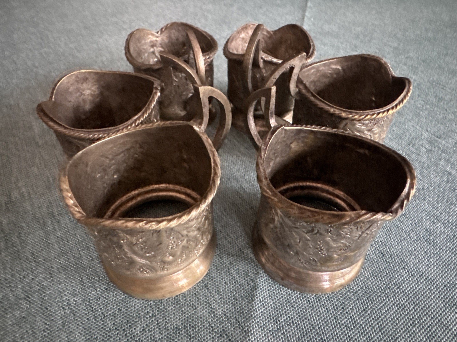 6 Antique Middle Eastern Tea Cups Holder Silver Plated