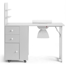 White MDF Folding Nail Desk with 2 Drawers, Cabinet Door  Storage Shelf