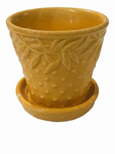 Vintage Nelson McCoy Yellow Hobnail Leaves Planter w/ Saucer 3.75” Pot MCM