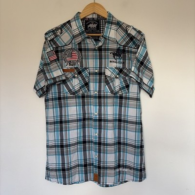 Geographical Norway Expedition Zumba SS Plaid Shirt Mens Size L Turquoise Blue