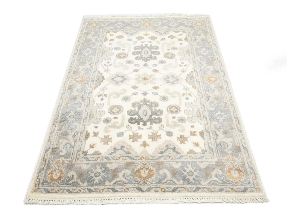 4X6 Hand-Knotted Cream Oushak Chobi Oriental Rug Floral Carpet Home Décor - Image 2 of 4