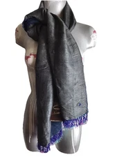 NWT Cejon 100% Silk 2 Sides- Beaded Floral Plastic Trim-  Scarf Wrap 70”x 20” 