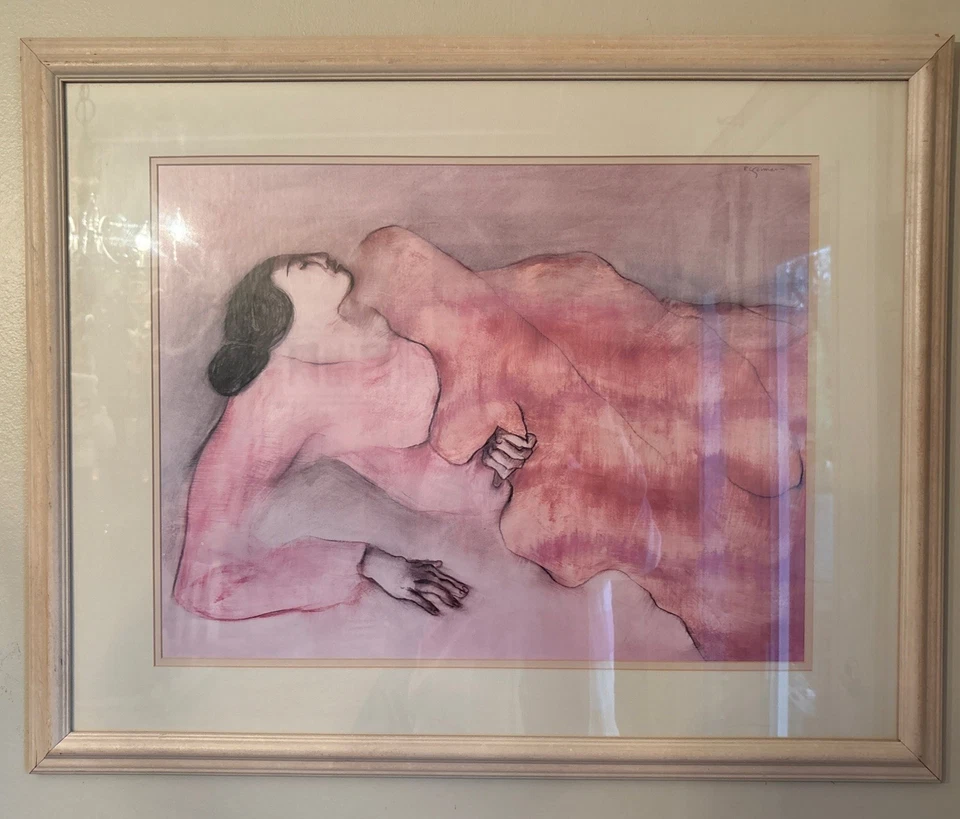 Enmarcado y firmado R.C. Litografía Gorman de mujer reclinada. 30x25 Foto 4 de 4