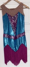 Jazz, tap, contemporary Sequins Fringe Dance Costume, Blue Pink Adult Small
