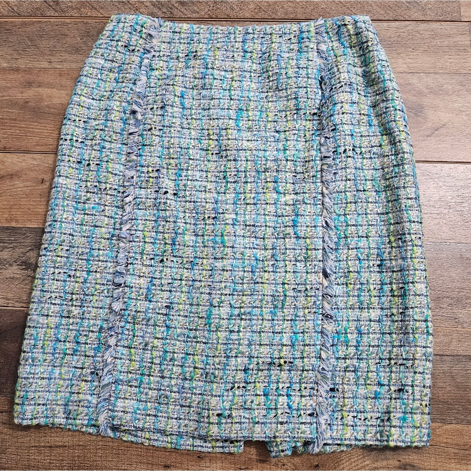 Dana Buchman Tweed Boucle Lined Cotton Linen Silk Turquoise Size 4 Pencil Skirt