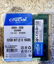 Crucial 32GB (2x16GB) 3200MHz 260-pin SODIMM DDR4 RAM Memory Kit...
