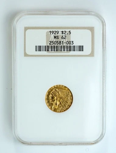 1929 U.S. $2.50 Indian Head Quarter Gold Eagle Coin NGC MS 62 Old Fatty Holder