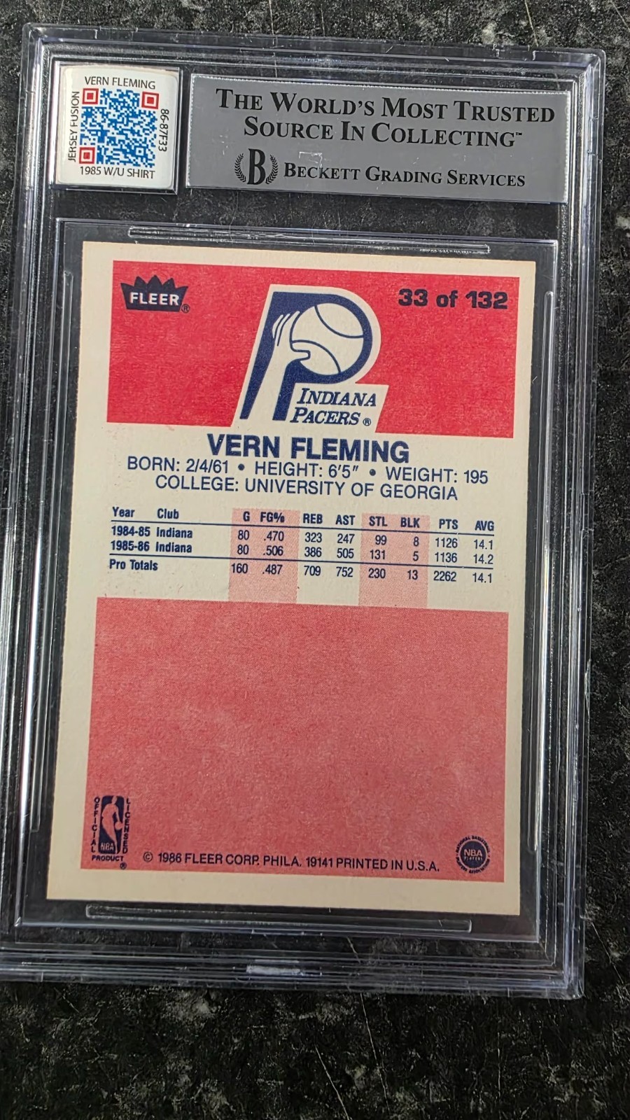 1986 87 FLEER VERN FLEMING GAME USED 3 COLOR PATCH AUTO PACERS BECKETT 10 view 2